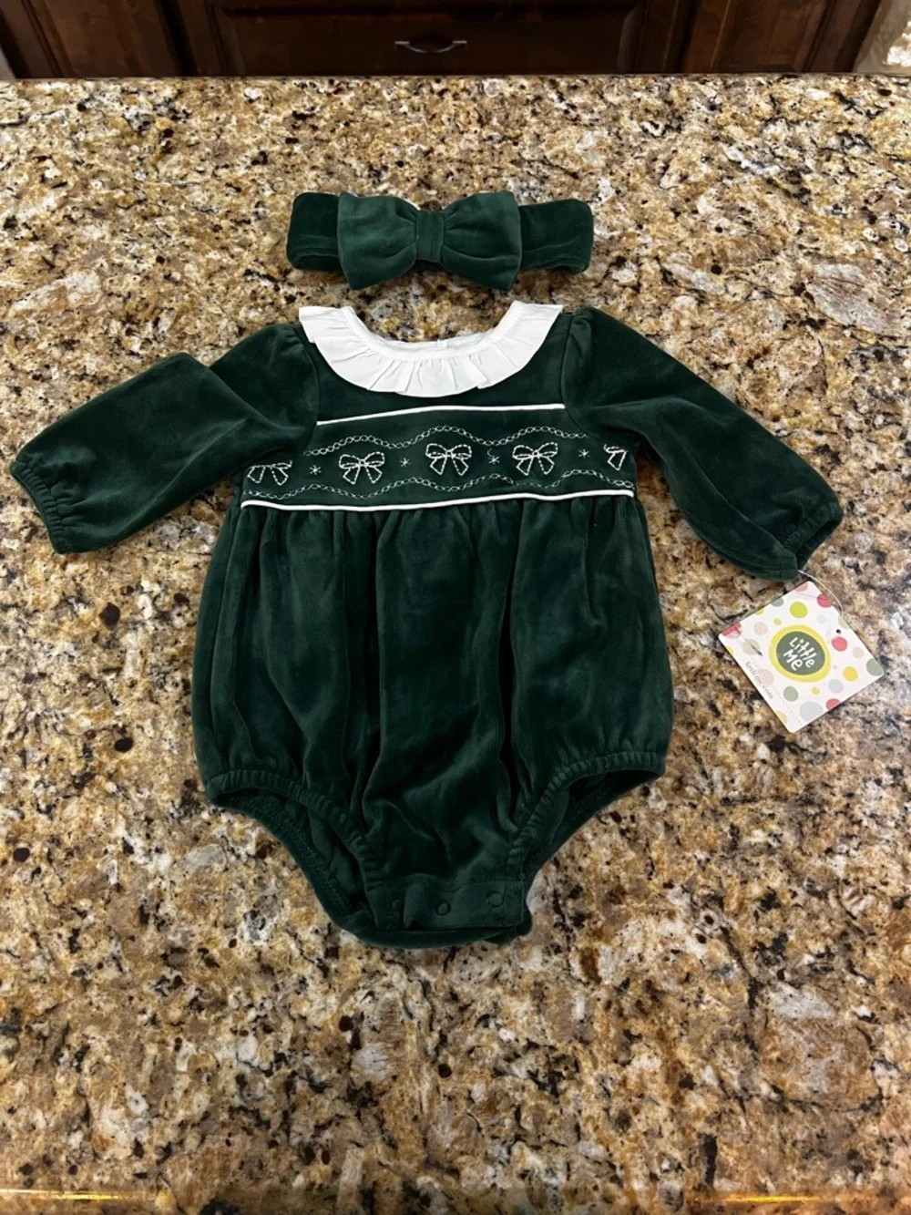 New - Little Me Velvet Baby Bubble Romper with Bow Headband